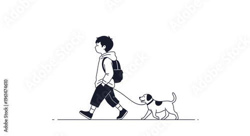 Boy walking with dog on leash.