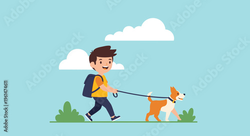 Boy walking dog on leash outdoors.