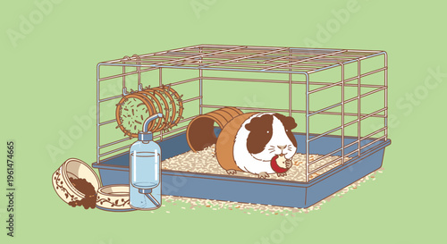 Cavy in cage eating food pellet.