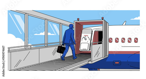 Businessman walking down airplane boarding stairs.