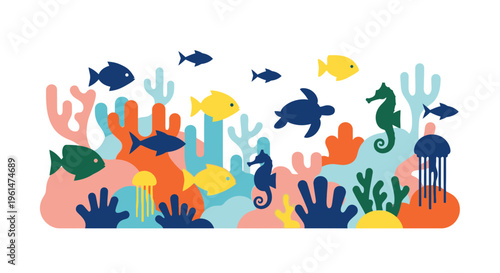 Colorful cartoon sea creatures swimming together.