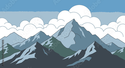 Snowy mountain peaks under blue sky.