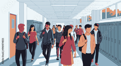 Students walking in school hallway together.