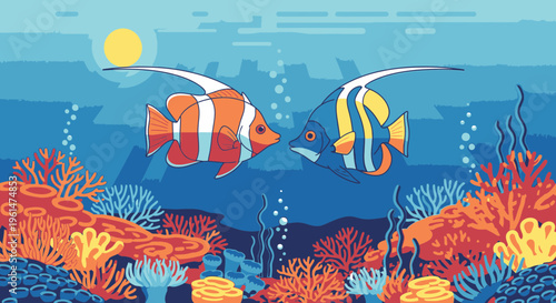 Two colorful fish swimming together underwater.