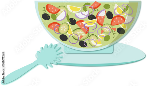  Greek salad in a glass bowl with serving spoon,flat vector illustration
