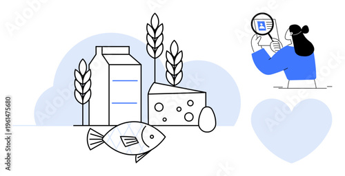Food safety concept. Food safety illustrated with dairy, fish, and grains alongside a quality inspection figure. Food safety ensures proper nutrition and health. Applications include agriculture