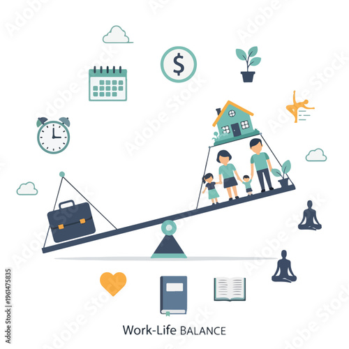 An illustration depicting a seesaw balancing a briefcase representing work with a family and house representing personal life, surrounded by related icons.