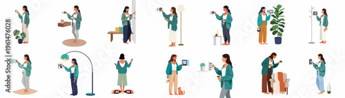 Set of illustrations showing women interacting with smart home technology, control panels, and automation systems in modern indoor settings.