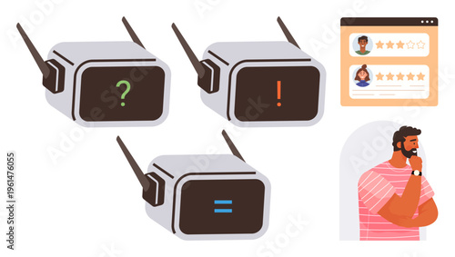 Artificial intelligence, decision-making, user feedback, ethical dilemmas, data analysis, human interaction. Robots with symbols and rating interface next to a thinking man. Artificial intelligence