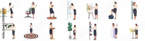Collection of diverse flat illustrations of a businesswoman in various office scenarios, including presentations, meetings, and daily work tasks.