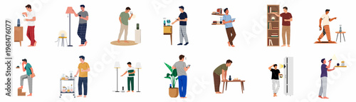 Collection of diverse men in pajamas using various smart home devices, voice assistants, and automated technology in their daily domestic routines at home.