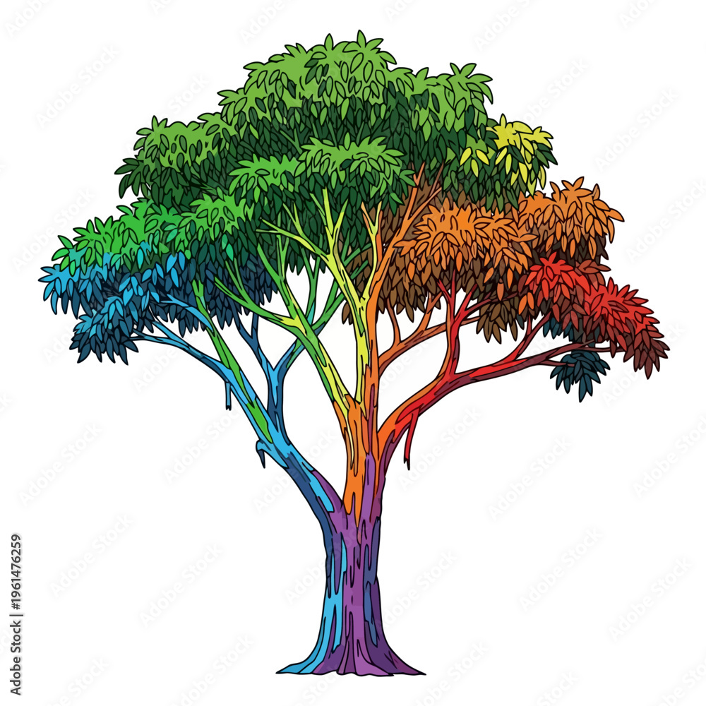 Naklejka premium Vibrant spectrum tree illustration symbolizing natural diversity, energetic growth, and life's colorful harmony