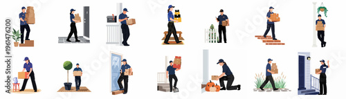 Set of vector illustrations depicting professional couriers in blue uniforms delivering cardboard boxes to residential doorsteps and porches in various scenarios.
