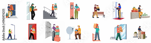 Collection of flat vector illustrations depicting various delivery couriers delivering packages to customers in different urban, residential, and office environments.
