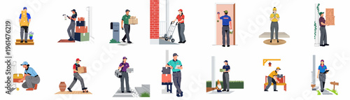 Diverse delivery service personnel delivering parcels and packages to residential homes, flat vector illustration set.