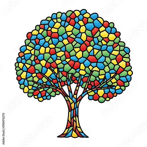 Decorative tree illustration featuring an intricate stained glass mosaic pattern with a burst of vivid colors and artistic flair
