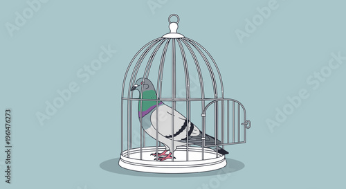 Bird sitting in a cage alone.