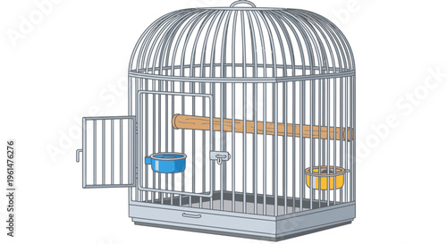Birdcage with open door and perch.