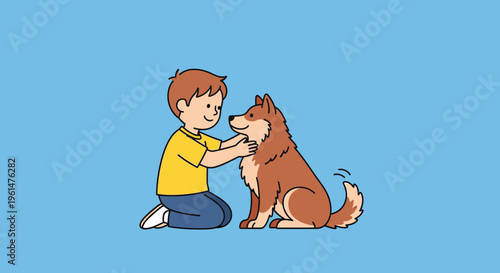 Boy petting a brown dog.