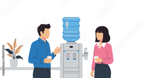 Man and woman using water cooler.
