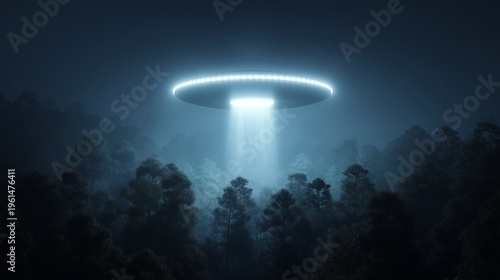 Cinematic UFO hovering above dark forest at night, casting powerful beam of light through mist. Dramatic alien abduction scene with glowing spaceship and mysterious atmosphere.
