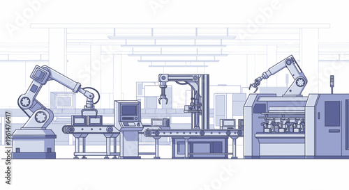 Industrial robotic arms in factory.