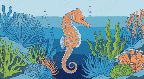 Orange Seahorse Swimming Underwater Sea.