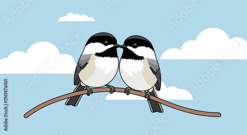 Two small birds sitting on branch.
