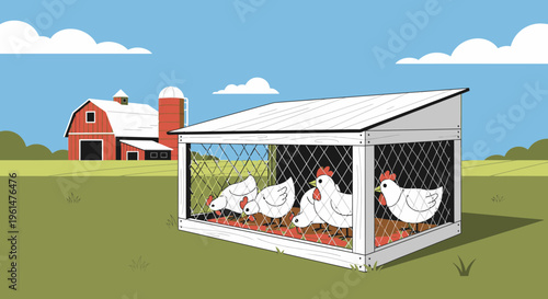 White chickens in a coop enclosure.
