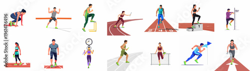 Diverse Set of Flat Vector Illustrations Featuring Male and Female Athletes Competing and Training in Various Track and Field Sporting Events