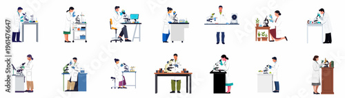 Collection of scientific researchers and laboratory technicians using microscopes and conducting experiments, set of flat vector illustrations isolated on white.
