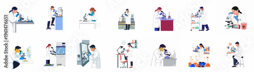 Set of vector illustrations featuring diverse scientists and lab technicians conducting scientific research, clinical analysis, and experiments using microscopes and specialized equipment.