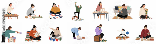 Collection of vector illustrations featuring young women enjoying board games, card games, and tabletop activities in a cozy and fun indoor setting.