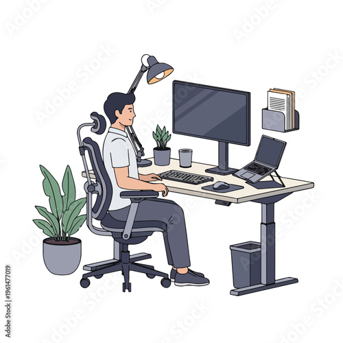 A young man works productively at a modern ergonomic desk setup with a computer, laptop, and plants.
