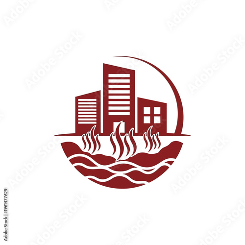 Abstract modern building logo with swirling water and flames below a crescent shape, symbolizing a global environmental crisis or natural disaster event
