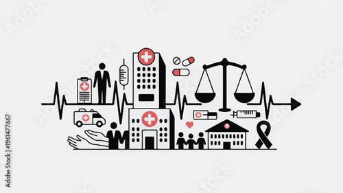 Abstract health and medical icons flowing on a lifeline, representing healthcare and well-being