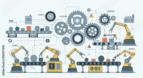 Industrial robots and machinery manufacturing process.