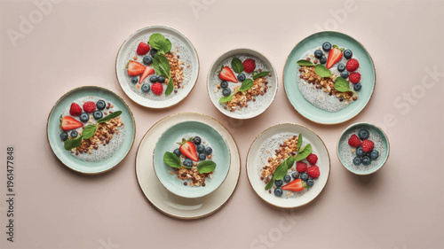 Variety of healthy breakfast bowls with fruits, grains, and greens, top view arrangement, plant based