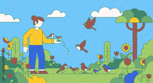 Man feeding birds in the garden.