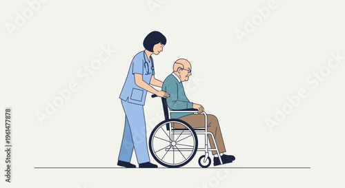 Nurse pushing elderly woman in wheelchair.