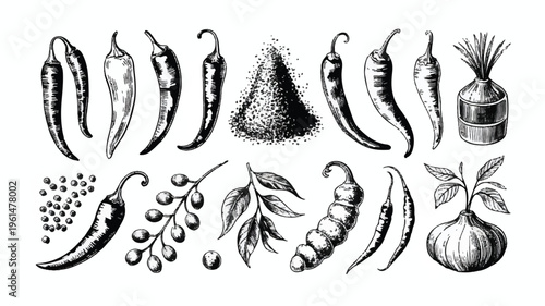 Sketch art collection of various chili peppers, spices, and vegetables for cooking, hand drawn