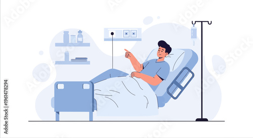 Patient in hospital bed pointing, receiving IV drip, medical care concept