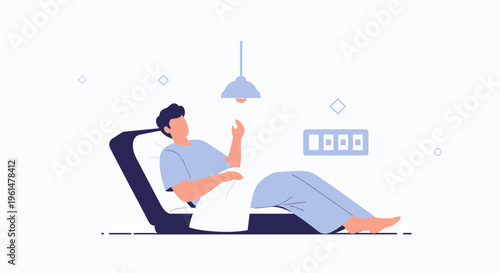 Man Relaxing on Sofa Under Lamp, Modern Minimalist Interior Design