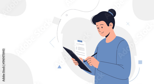 Young person using tablet for digital drawing or note-taking with minimalist background