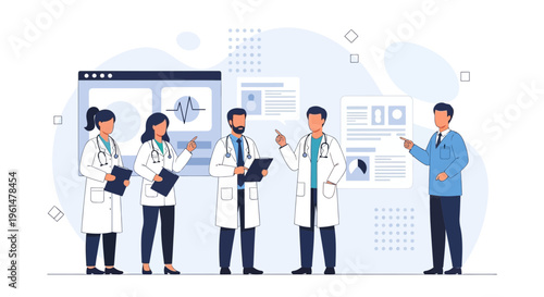 Medical Team Discussing Health Data on Digital Screens