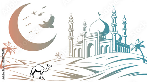Minimalist islamic desert scene with mosque, camel, moon and palm trees outline, middle east