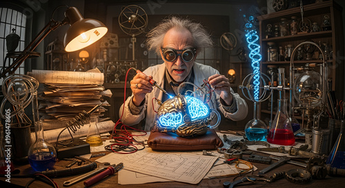 Mad scientist cartoon style inventor in a vintage laboratory