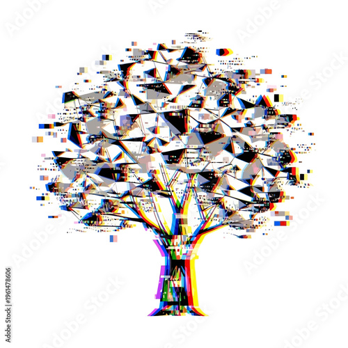 Stylized conceptual tree art showcasing a pixelated and fragmented digital glitch, connecting organic life with computational aesthetics