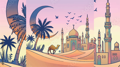 Islamic desert oasis with mosque, camel, palm trees, and crescent moon, middle east
