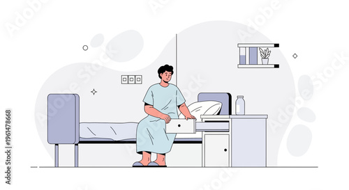 Patient in hospital gown sitting on hospital bed, opening bedside table drawer